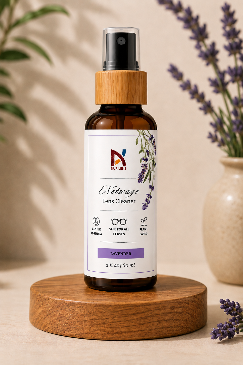 Netwaye Lavender Lens Cleaner displayed on a wooden stand, featuring a bamboo cap and plant-based formula for eyeglasses and sunglasses.