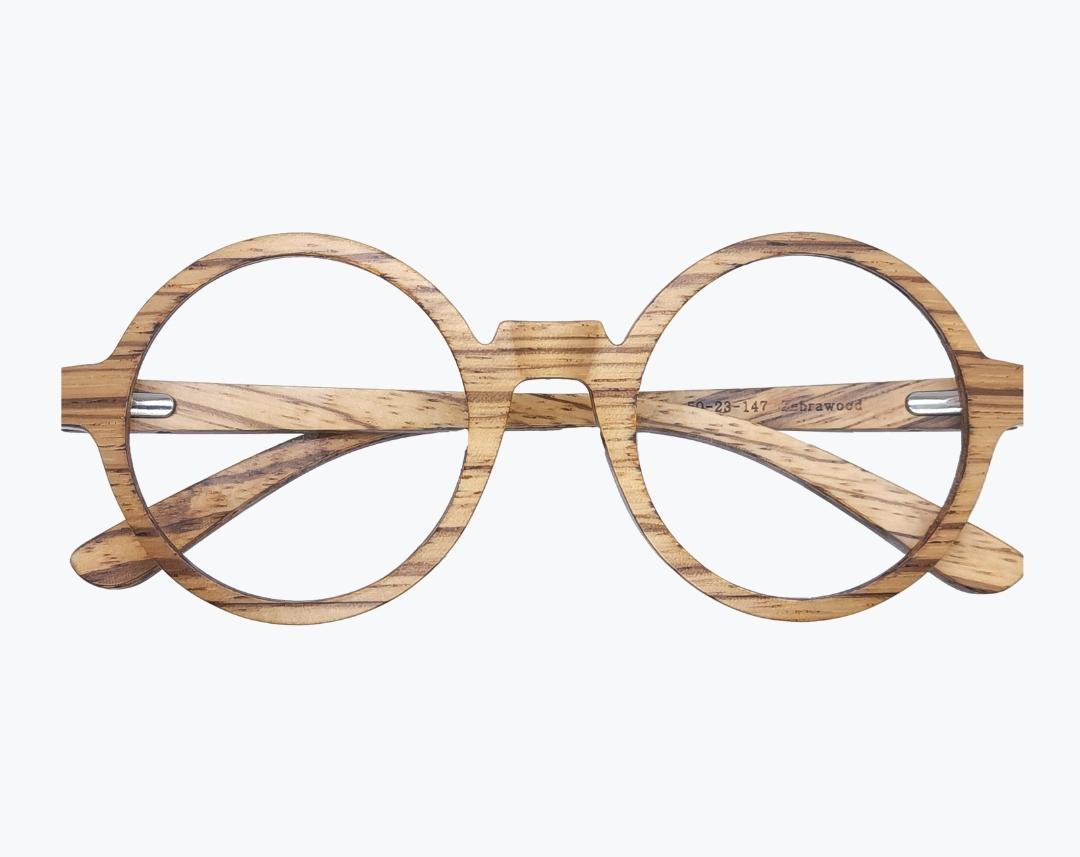 Folded round wooden glasses made of light brown Zebrawood with subtle black stripes by NURILENS.