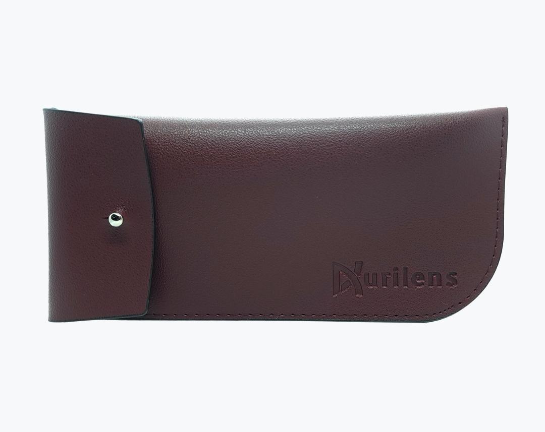 Burgundy vegan leather pouch for eyeglasses with NURILENS embossed on the bottom left.