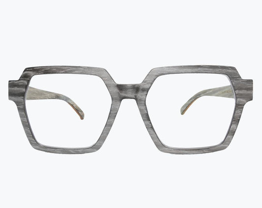 Gray wayframe wooden eyeglasses made of silver oak with subtle black wood grain accents by NURILENS.