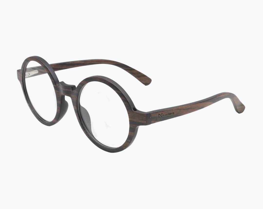 Aerial view of brown round wooden glasses made of ebony with subtle black wood grain by NURILENS.