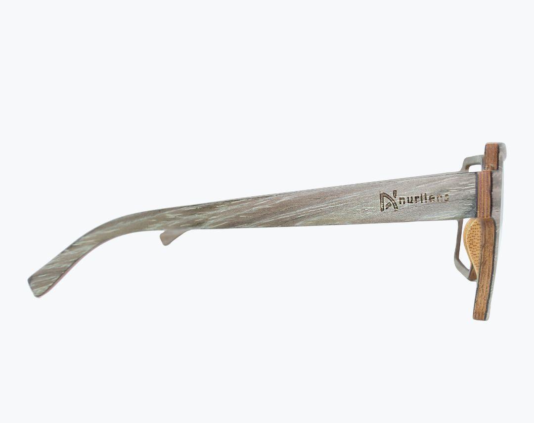 Profile of gray wayframe wooden eyeglasses made of silver oak with subtle black wood grain accents by NURILENS.
