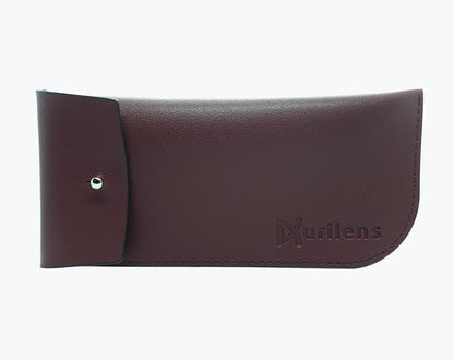 Burgundy vegan leather pouch for eyeglasses with NURILENS logo embossed on the bottom left.