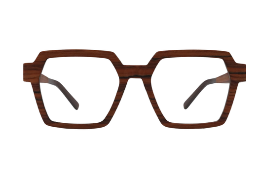 Hexagonal eyeglasses with a dark brown wood grain pattern on the front frame and translucent dark gray temples, shown against a plain white background.