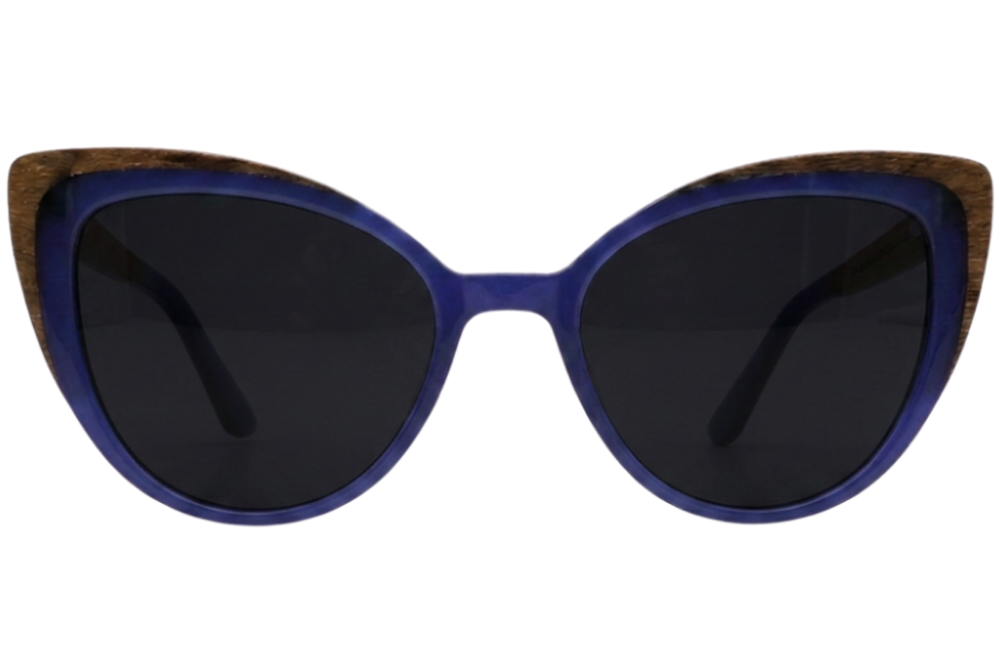 Cats-eye sunglasses with a vibrant blue acetate frame, dark lenses, and a natural wood inlay along the top edge, shown against a plain white background.