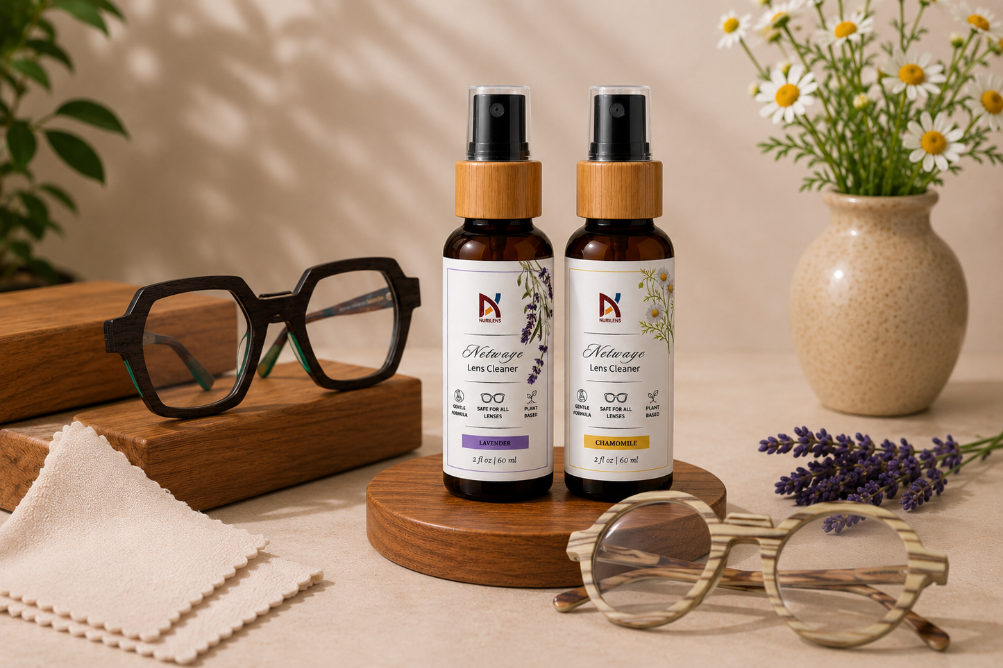 Lifestyle product photograph featuring two NURILENS Netwaye Lens Cleaner bottles displayed on a round wooden pedestal. The amber glass bottles have bamboo-style caps and botanical labels, one Lavender and one Chamomile, each marked 2 fl oz / 60 ml. A pair of dark geometric wooden eyeglasses rests on stacked wooden display blocks to the left, while a pair of light zebrawood round eyeglasses sits in the foreground. Two cream microfiber cleaning cloths are arranged in the lower left corner.