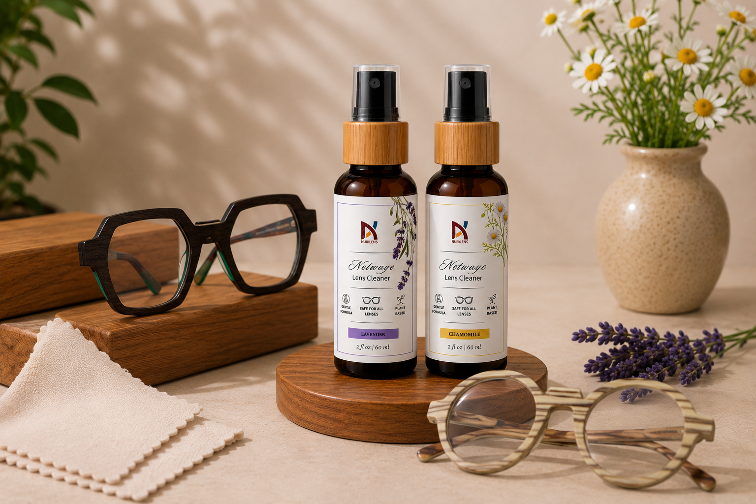 Lifestyle product photograph featuring two NURILENS Netwaye Lens Cleaner bottles displayed on a round wooden pedestal. The amber glass bottles have bamboo-style caps and botanical labels, one Lavender and one Chamomile, each marked 2 fl oz / 60 ml. A pair of dark geometric wooden eyeglasses rests on stacked wooden display blocks to the left, while a pair of light zebrawood round eyeglasses sits in the foreground. Two cream microfiber cleaning cloths are arranged in the lower left corner.