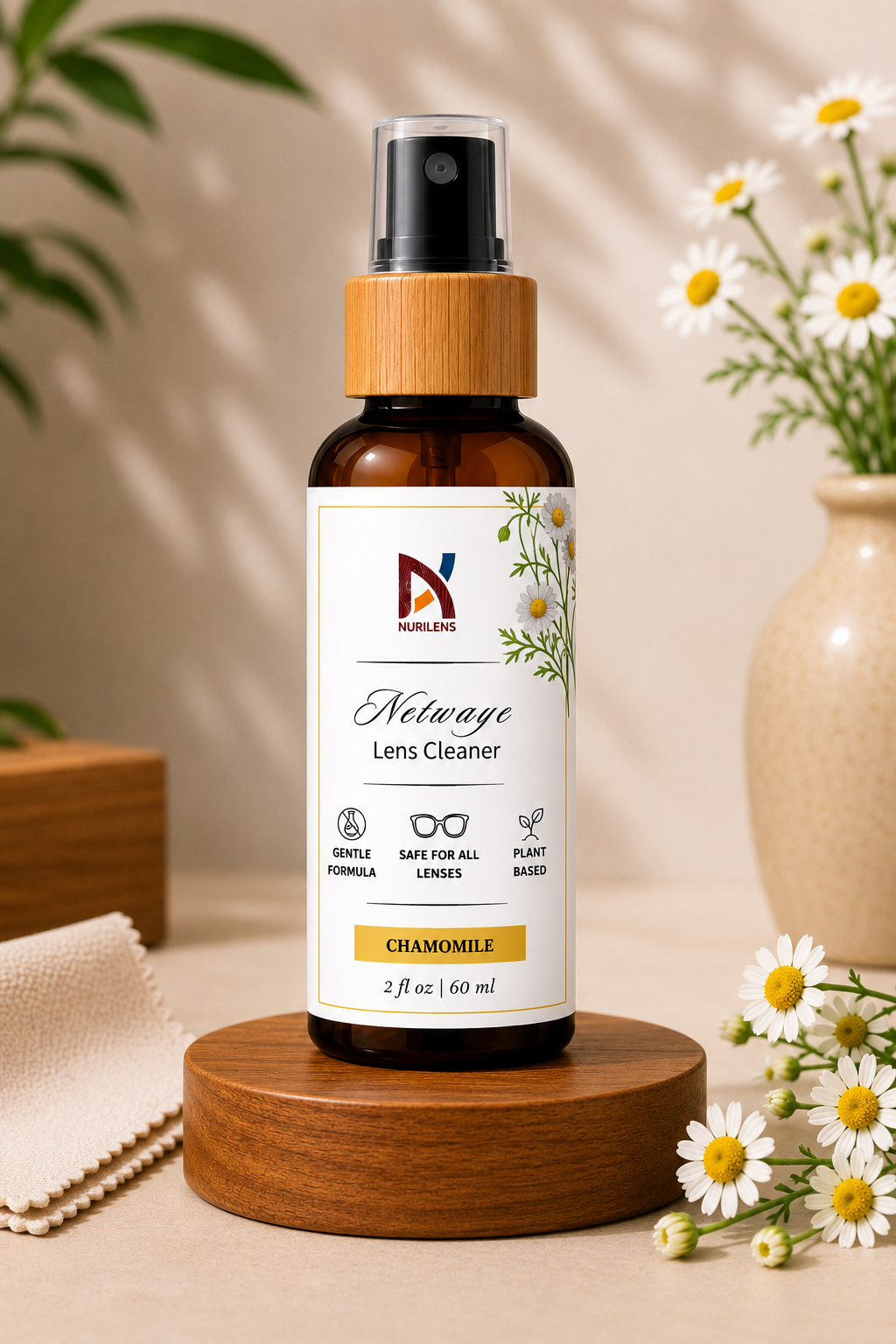 Netwaye Chamomile Lens Cleaner by NURILENS in an amber glass spray bottle with a bamboo cap, designed for safe and gentle eyewear cleaning.