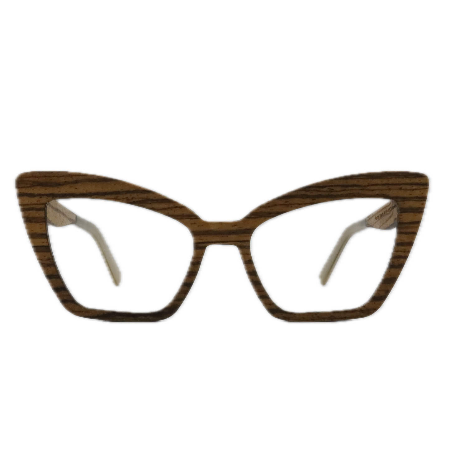 Cat-eye eyeglasses with a dark brown wood grain patterned frame, shown against a plain white background.