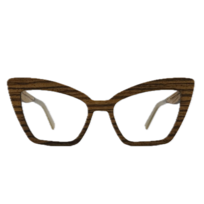 Cat-eye eyeglasses with a dark brown wood grain patterned frame, shown against a plain white background.