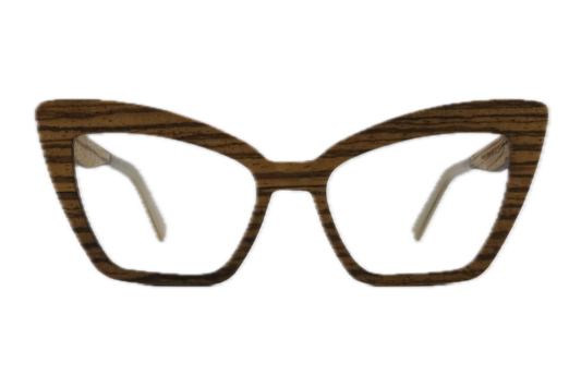 Cat-eye eyeglasses with a dark brown wood grain patterned frame, shown against a plain white background.