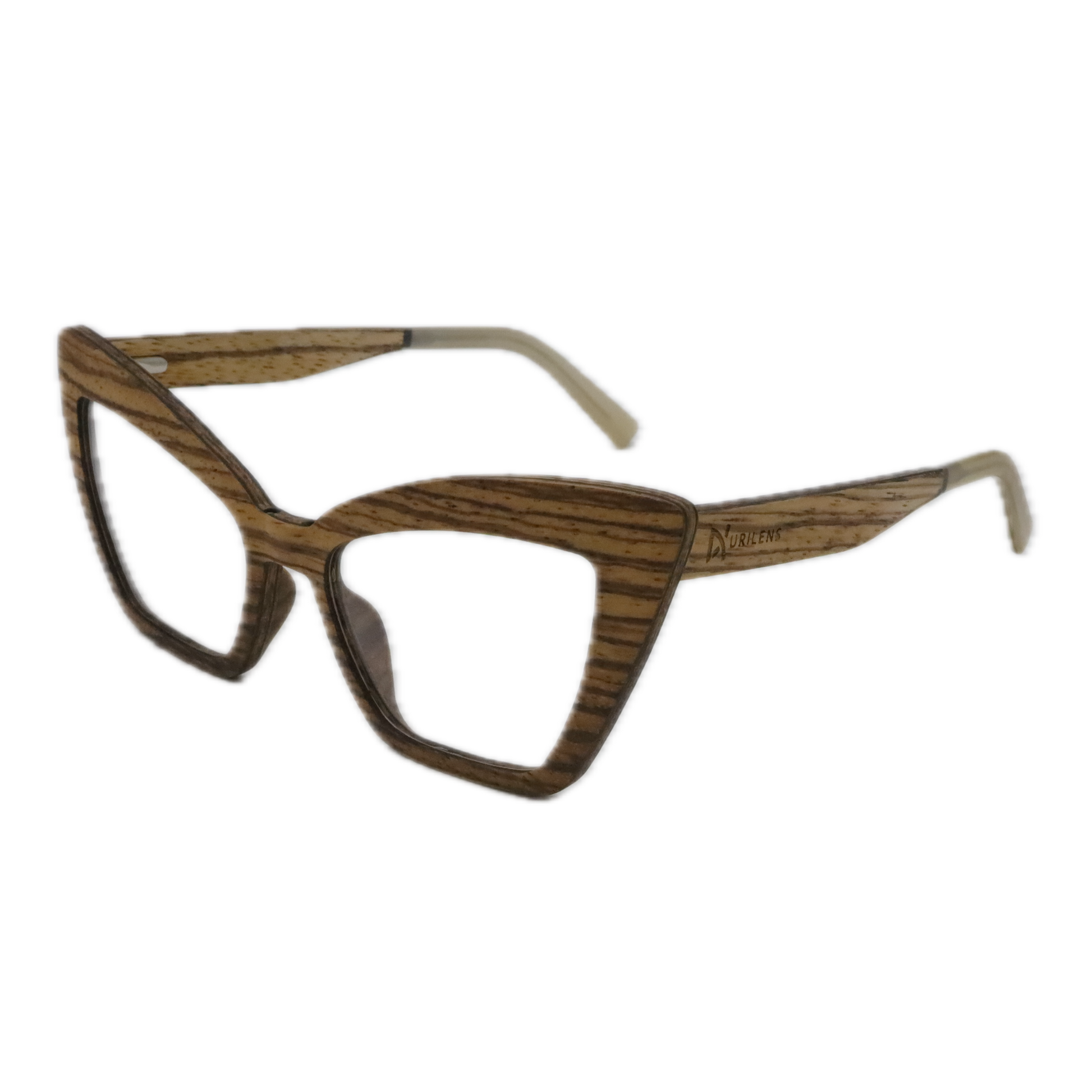Cat-eye eyeglasses featuring a dark brown wood grain pattern on the front frame and light beige wood grain on the temples, shown against a plain white background.