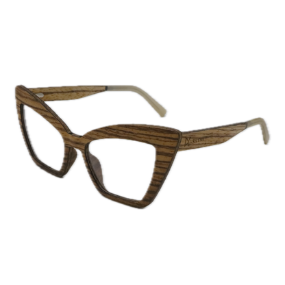 Cat-eye eyeglasses featuring a dark brown wood grain pattern on the front frame and light beige wood grain on the temples, shown against a plain white background.