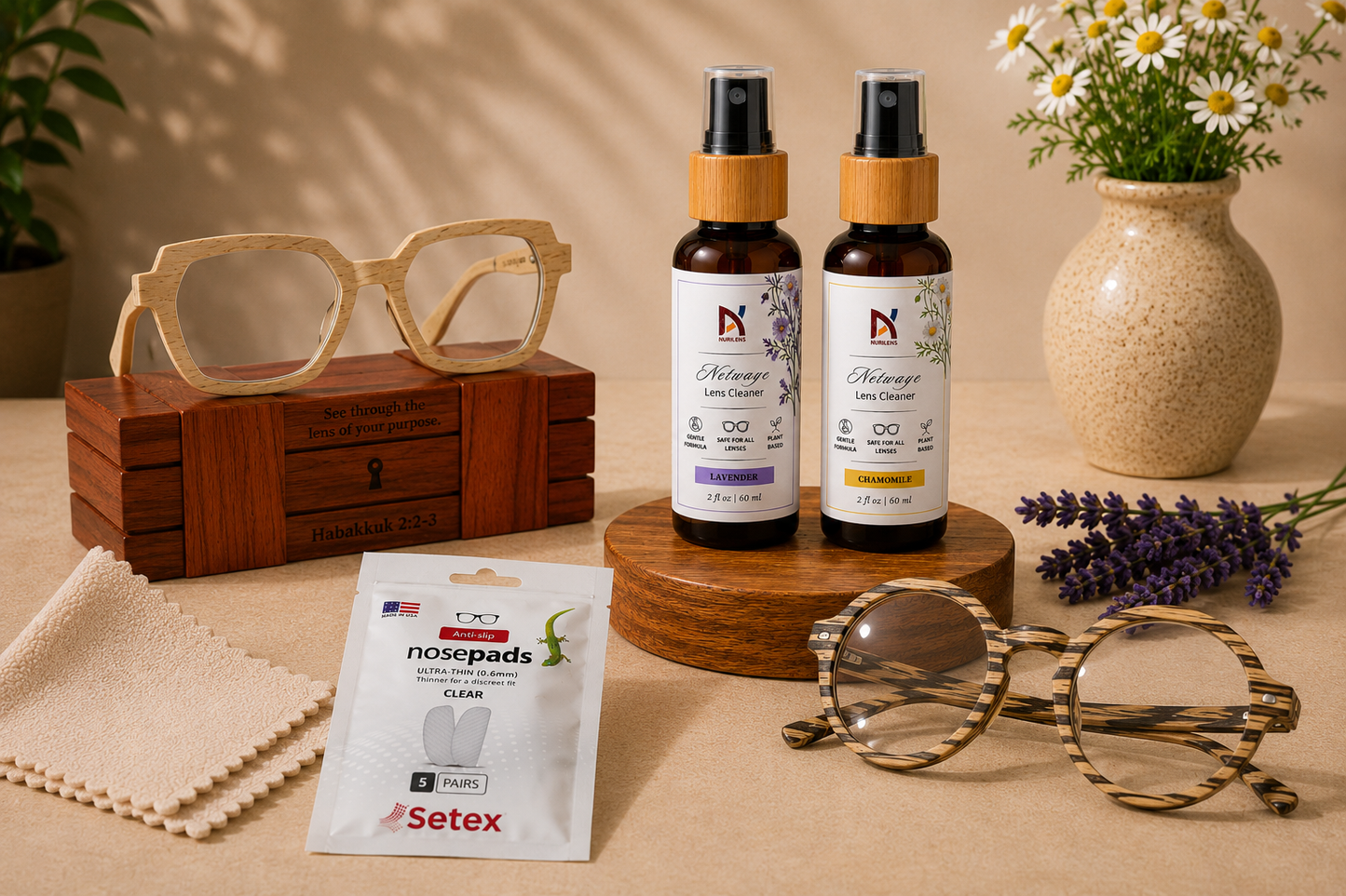 NURILENS Swen Essentials eyewear care kit featuring lavender and chamomile Netwaye lens cleaner sprays, anti-slip nose pads, microfiber cleaning cloths, handcrafted wooden eyeglass case, and wooden eyeglass frames arranged in a warm lifestyle setting.