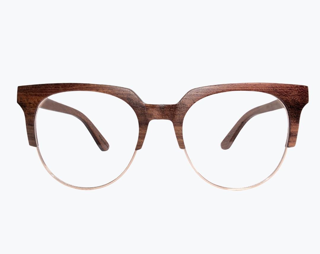 Brown browline glasses made of Kevazingo wood and metal by NURILENS