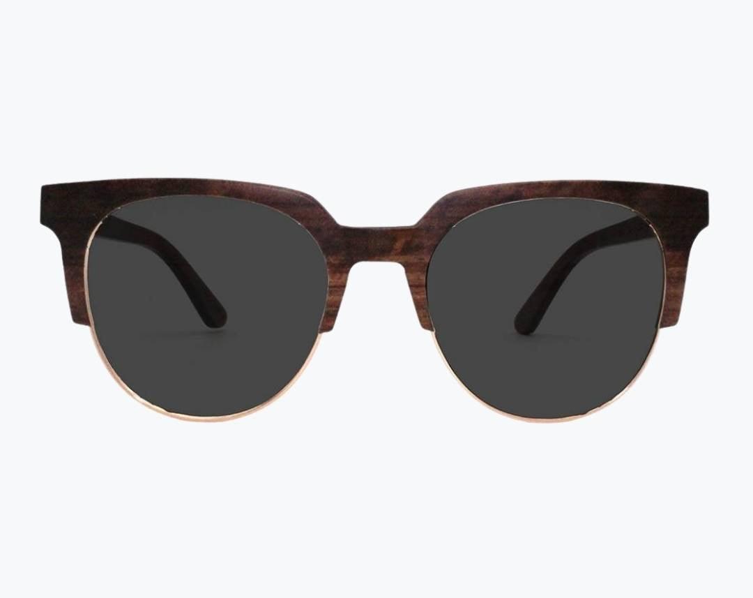 Brown browline sunglasses with gray lenses made of Kevazingo and metal by NURILENS.