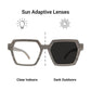 Infographic of photochromatic lenses with clear lens on the left and dark lens on the right.