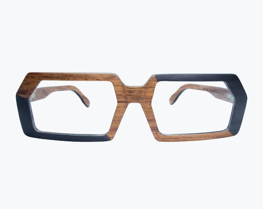 Brown and black rectangular wooden glasses made of black birch and brown kevazingo wood by NURILENS.