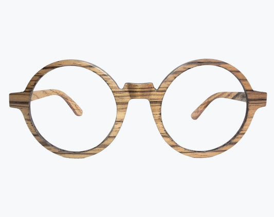 Round wooden glasses made of light brown Zebrawood with subtle black stripes by NURILENS.