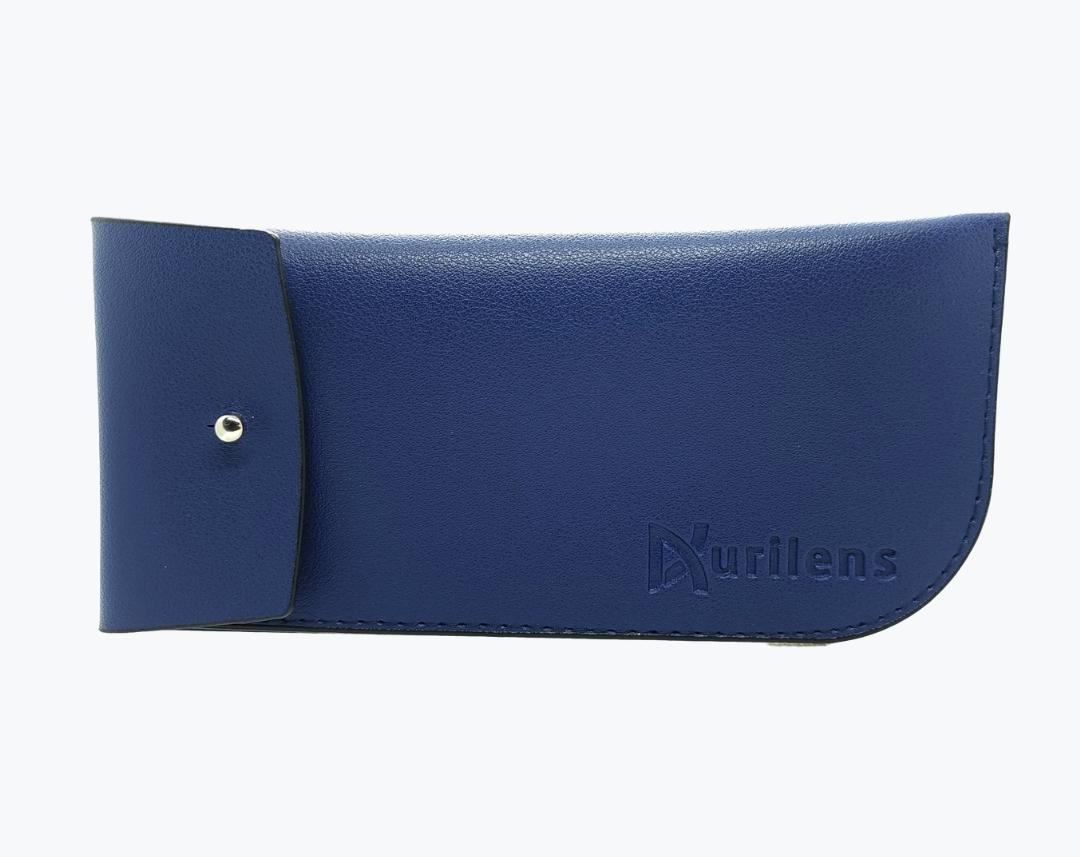 Navy blue vegan leather pouch for eyeglasses with NURILENS logo embossed on the bottom left.