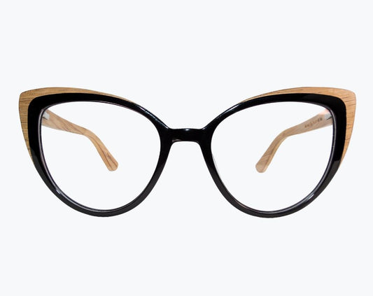 Wooden cat eye eyeglasses made of light brown oak and black acetate by NURILENS.