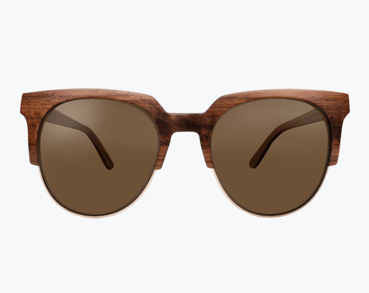 Brown browline sunglasses with brown lenses made of Kevazingo and metal by NURILENS.