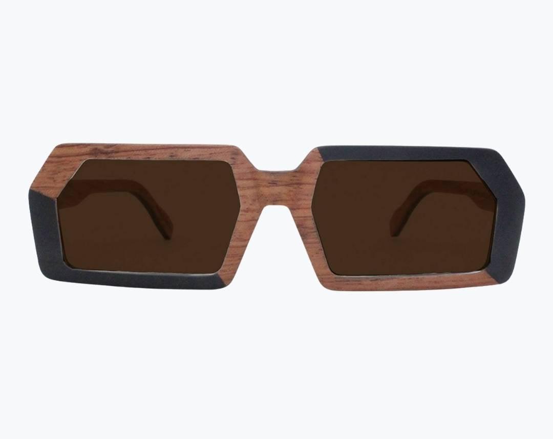 Brown and black rectangular wooden sunglasses with brown lenses made of black birch and brown kevazingo wood by NURILENS.