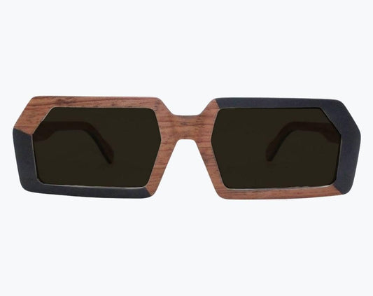 Brown and black rectangular wooden sunglasses with gray lenses made of black birch and brown kevazingo wood by NURILENS.