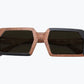 Folded brown and black rectangular wooden sunglasses with gray lenses made of black birch and brown kevazingo wood by NURILENS.