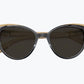 Folded wooden cat eye sunglasses made of light brown oak and black acetate with dark gray lenses by NURILENS.