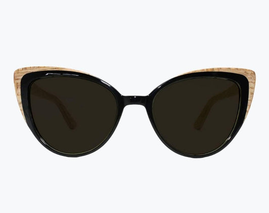 Wooden cat eye sunglasses made of light brown oak and black acetate with dark gray lenses by NURILENS.