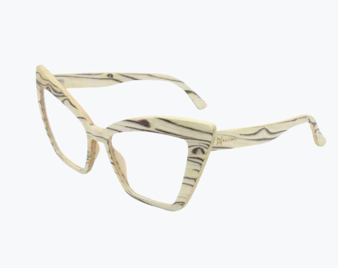 Aerial view of beige cat eye wooden eyeglasses made of ice wood with black striped wood grain accents by NURILENS.