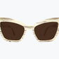 Beige cat eye wooden sunglasses made of ice wood with black striped wood grain accents with brown lenses by NURILENS.