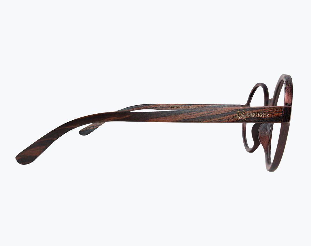 Profile of brown round wooden glasses made of ebony with subtle black wood grain by NURILENS.