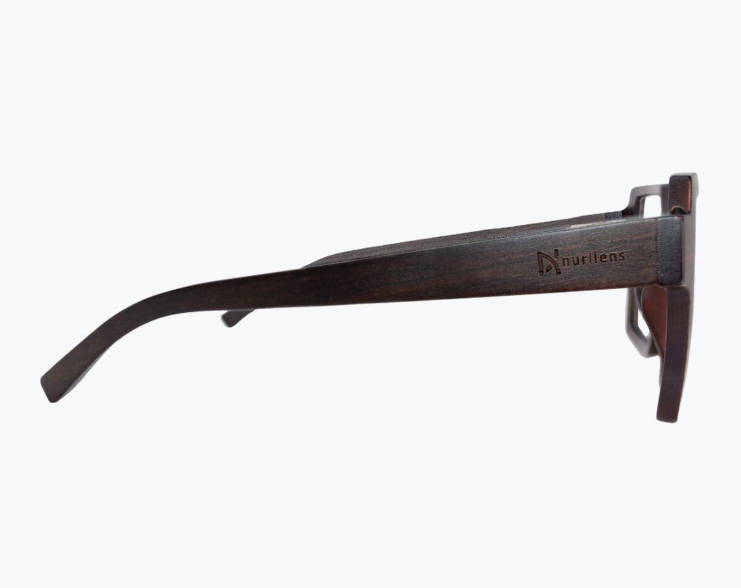 Profile of dark brown wayframe eyeglasses made of ebony with subtle black wood grain by NURILENS.
