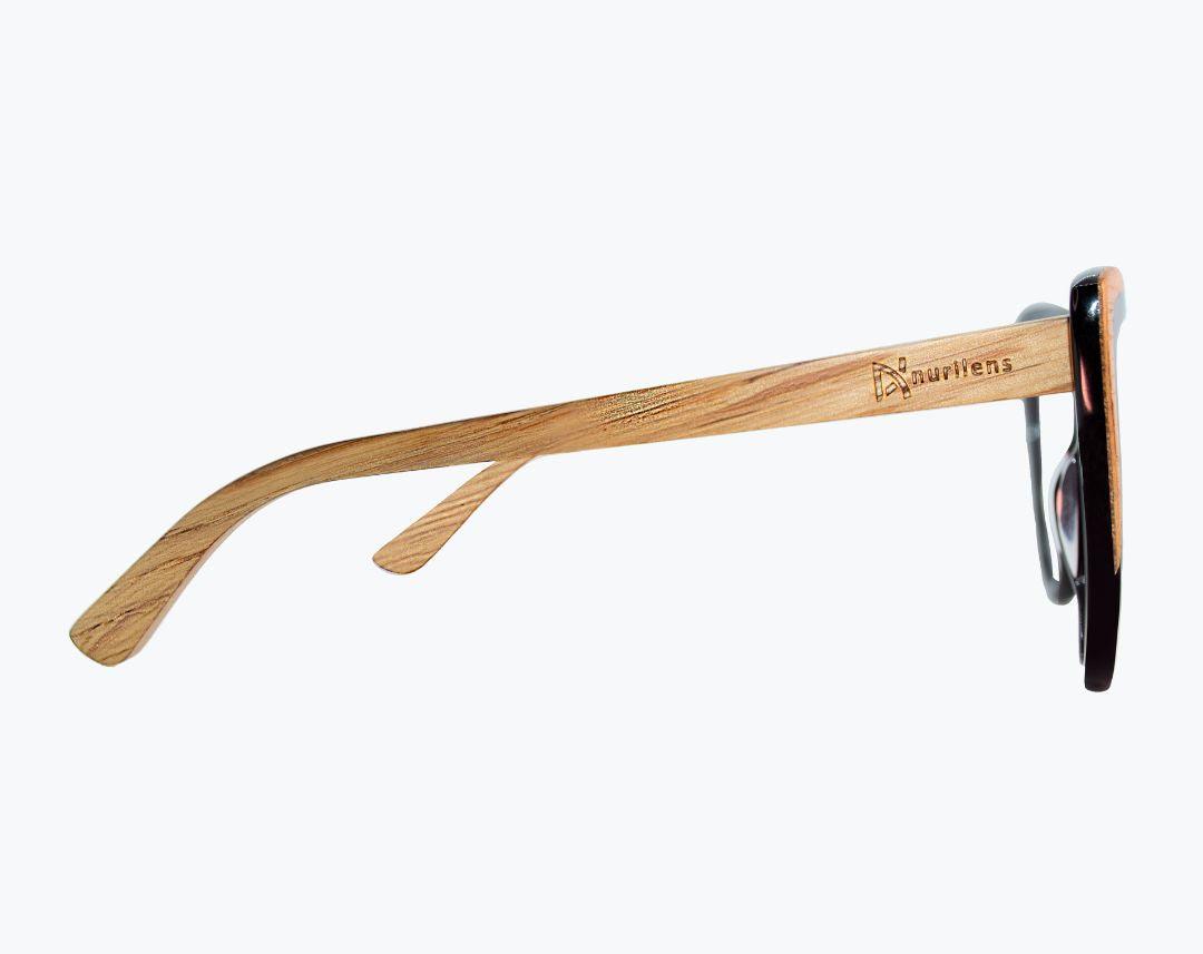 Profile of wooden cat eye eyeglasses made of light brown oak and black acetate by NURILENS.