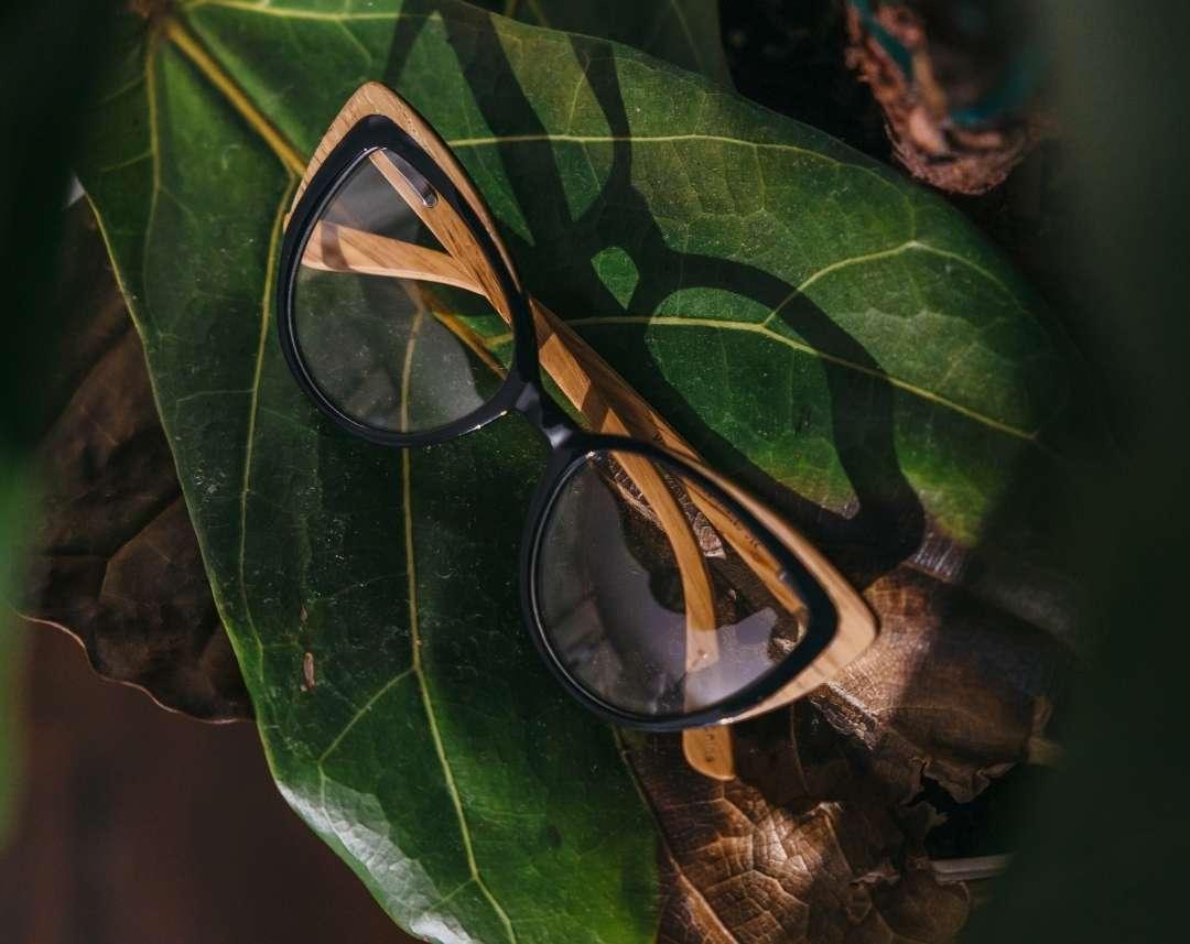 Wooden cat eye eyeglasses made of light brown oak and black acetate sitting on rosewood wooden case by NURILENS sitting on green leaf.